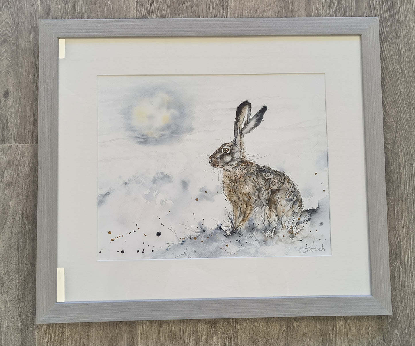 Anne Gilbert - Hare and Moon. Framed Original Watercolour of Hare
