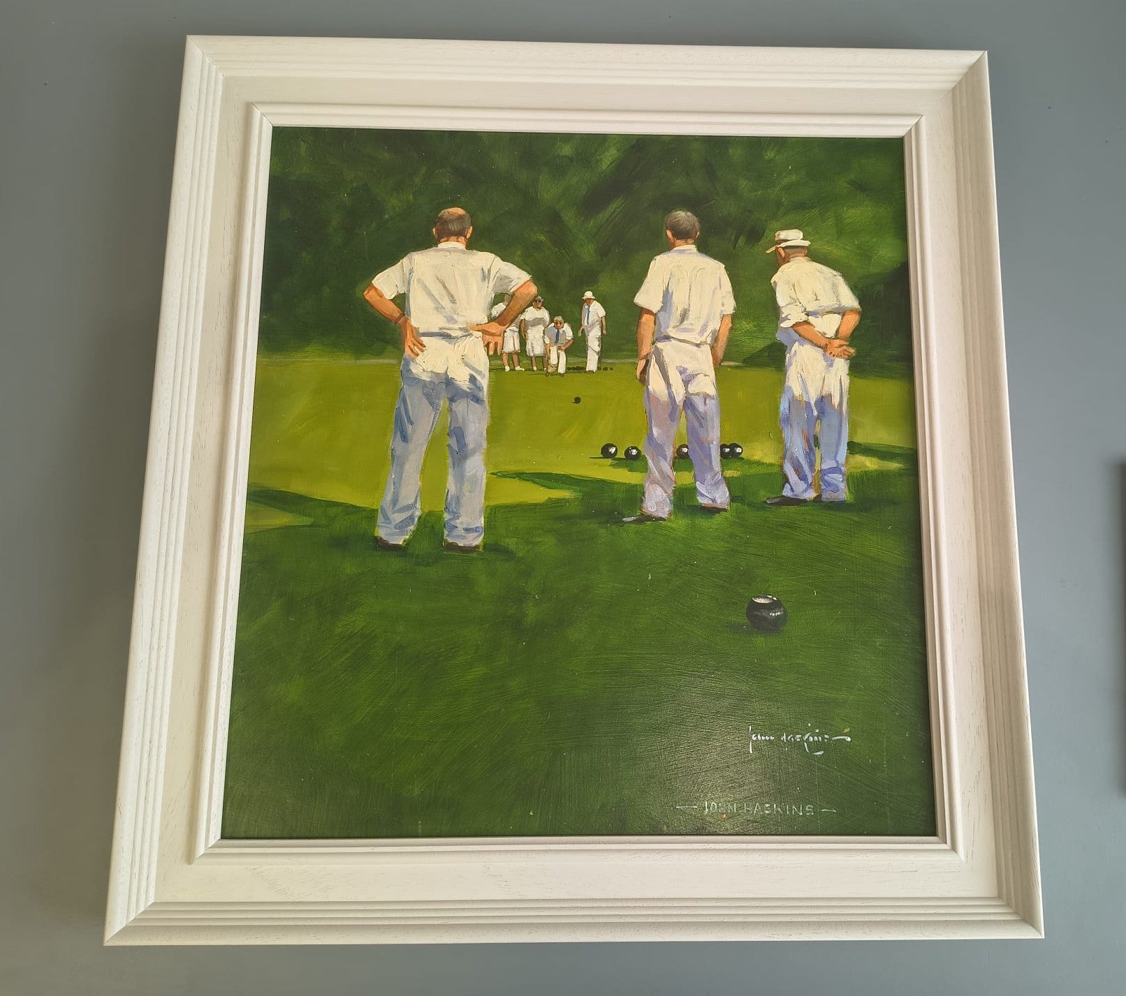 John Haskins art- 'Last Bowl' Framed Original of Lawn Bowls Match - Primrose Gallery and Framing