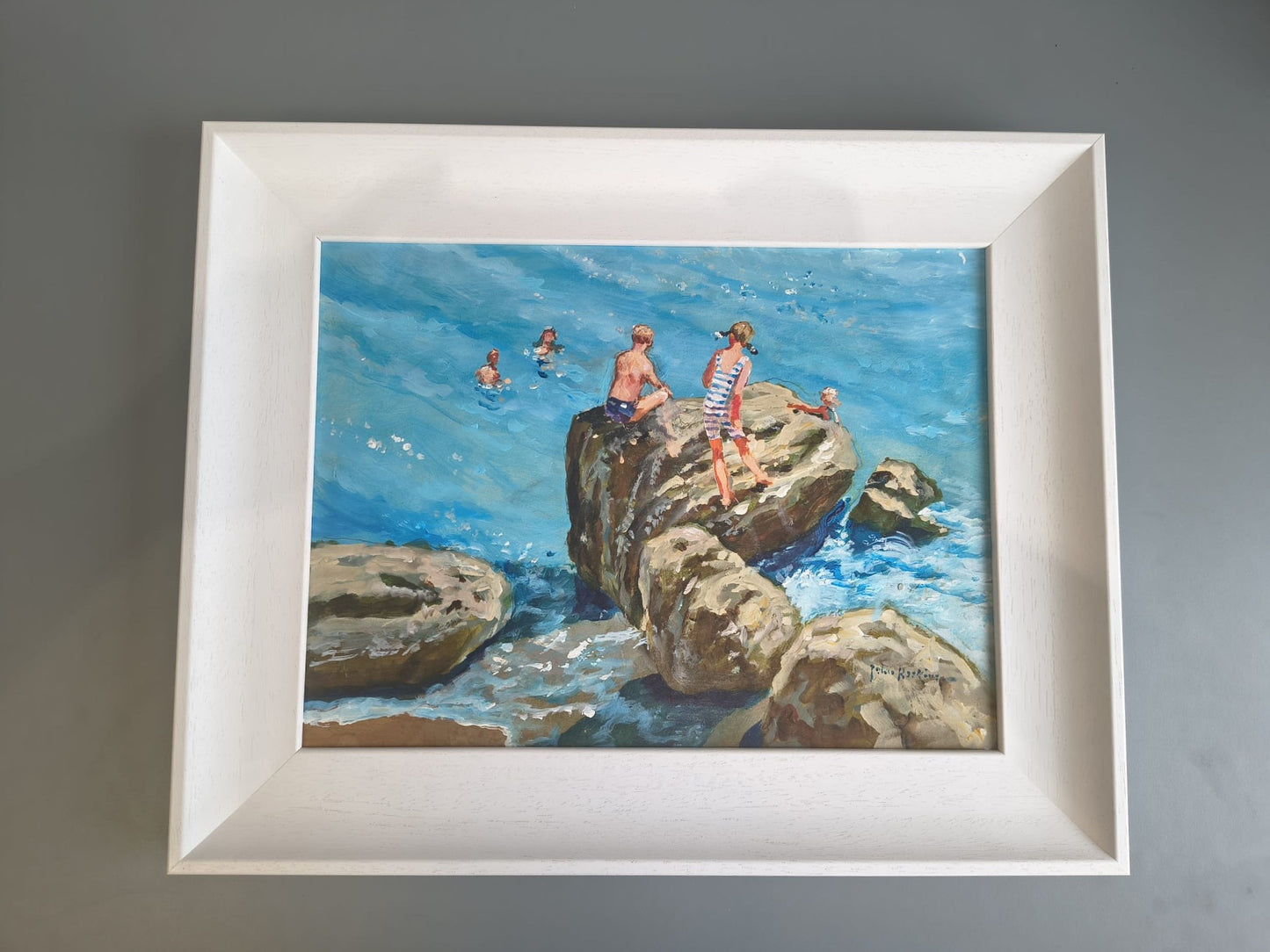 John Haskins art- 'The Swimming Place' Original Framed Beach Scene