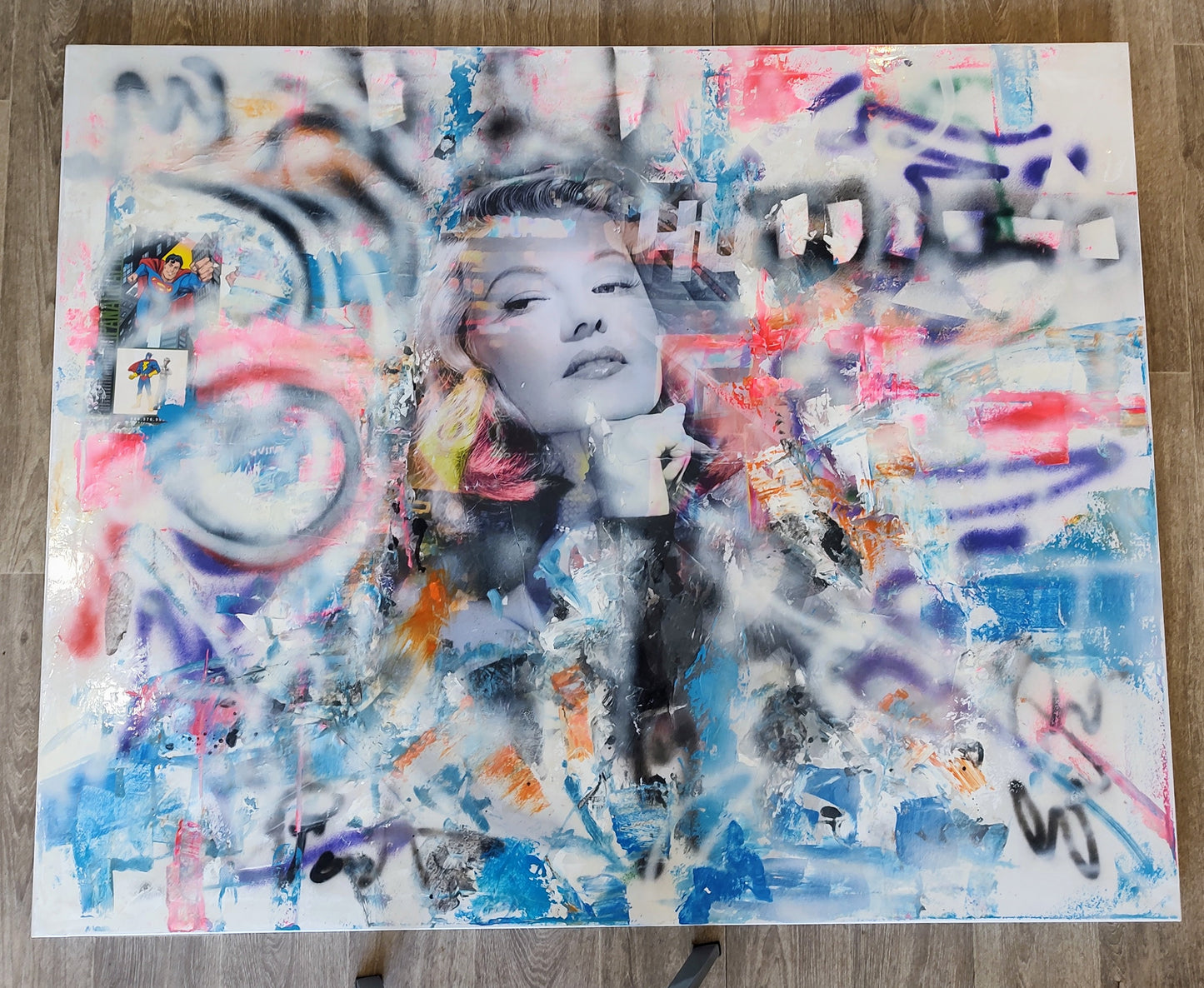 Enric Pont - Rita Hayworth Grafitti Collage, Mixed Media Original Canvas