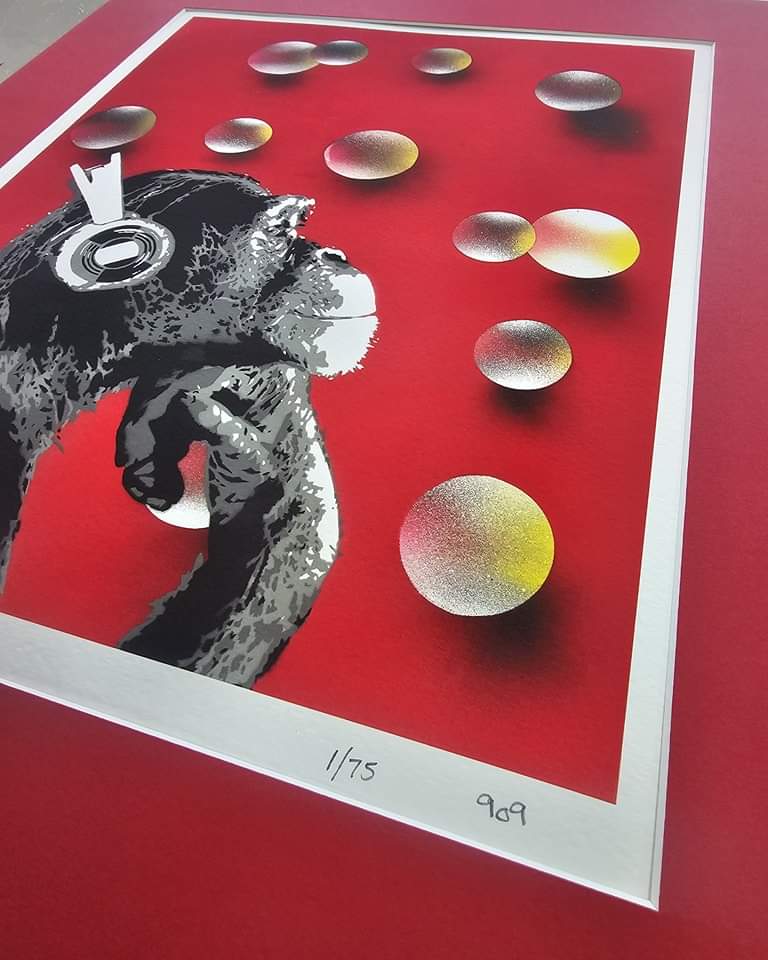 909Art- Disco Chimp, Bubbles- Limited Edition Print, Mounted