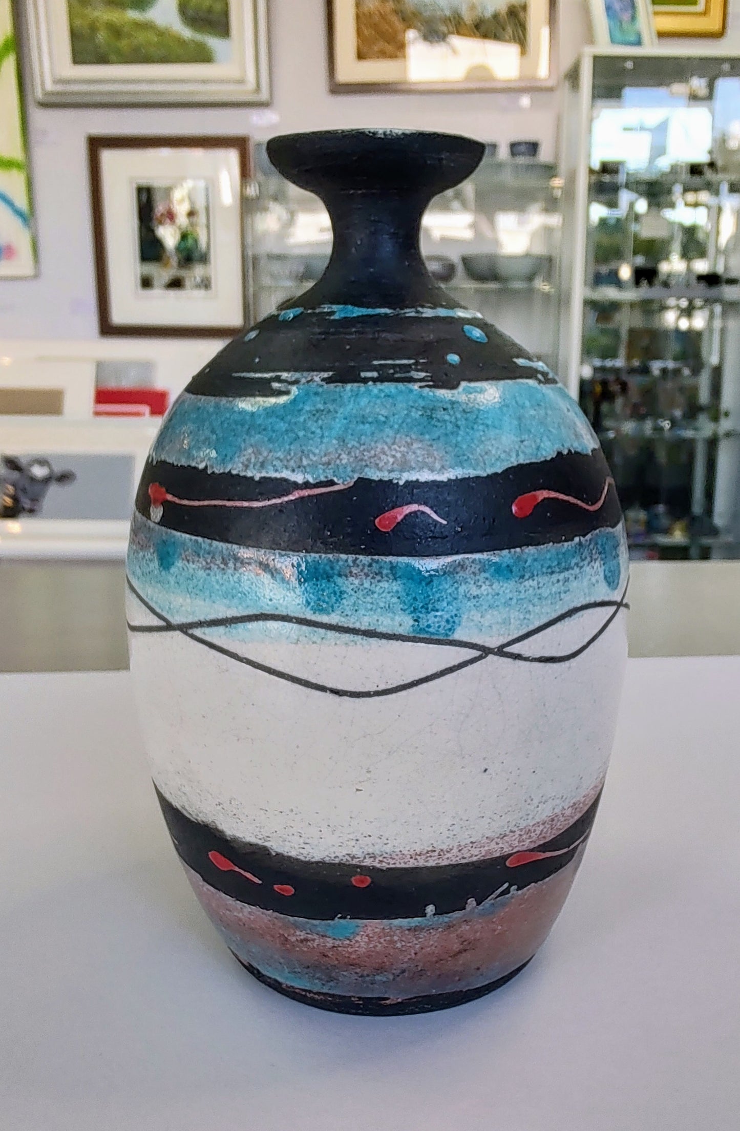 Nigel Gossage, Black Rose Ceramics- Raku Wave Stem Vase, Hand made Ceramic