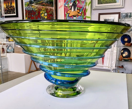 Bob Crooks-Hand Blown British Made Spiral Glass Bowl, Large Green