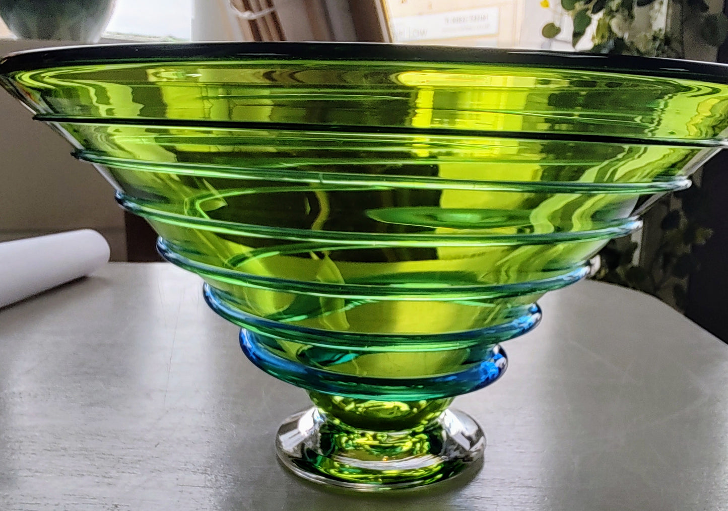 Bob Crooks-Hand Blown British Made Spiral Glass Bowl, Large Green