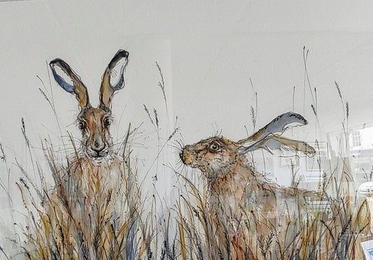 Anne Gilbert - Meadow Meet, Original Watercolour of Boxing Hares
