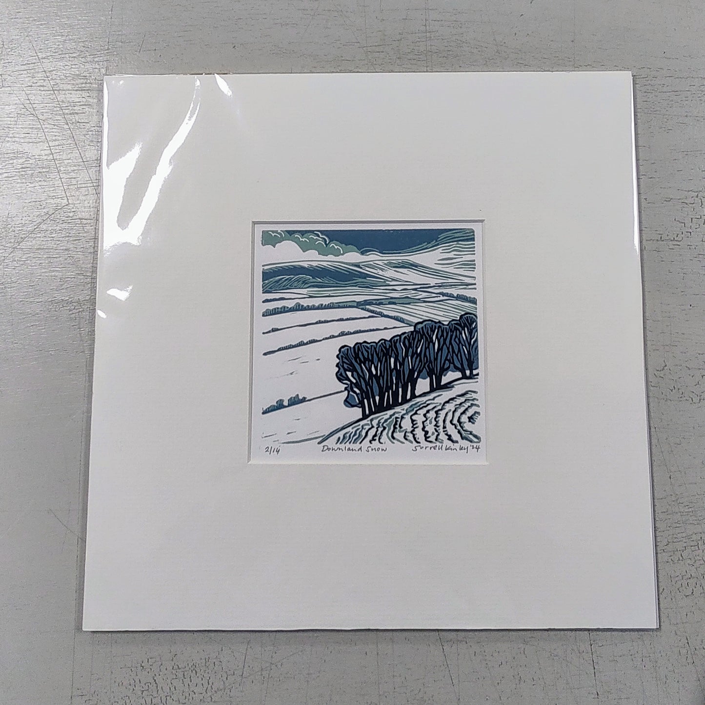 Sorrell Kinley- Downland Snow, Mounted 3 Colour Lino Print