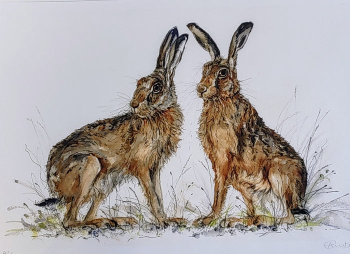 Anne Gilbert - Two's Company Hares, Mounted limited Edition Print