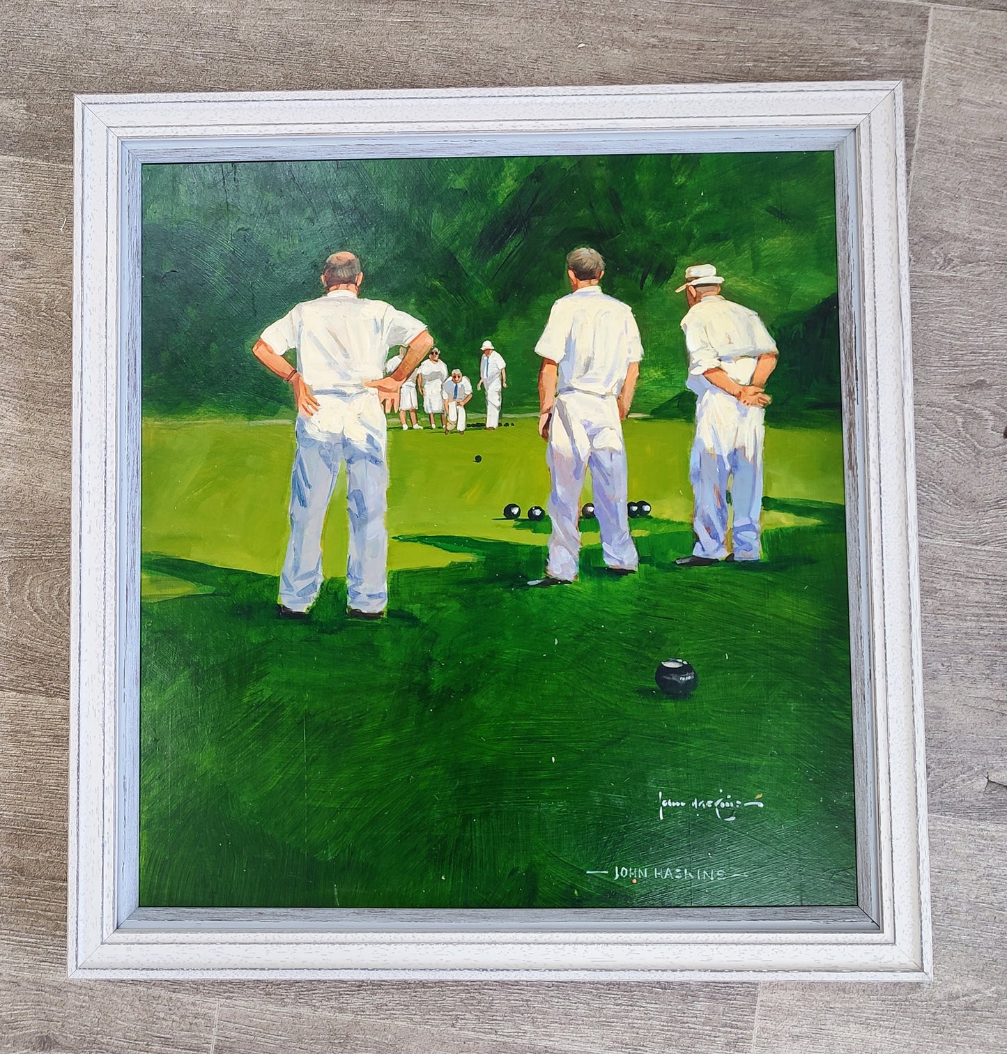 John Haskins art- 'Last Bowl' Framed Original of Lawn Bowls Match