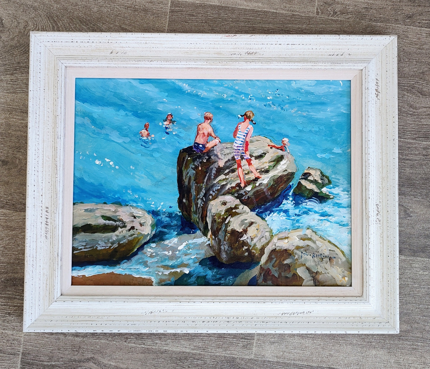 John Haskins art- 'The Swimming Place' Original Framed Beach Scene