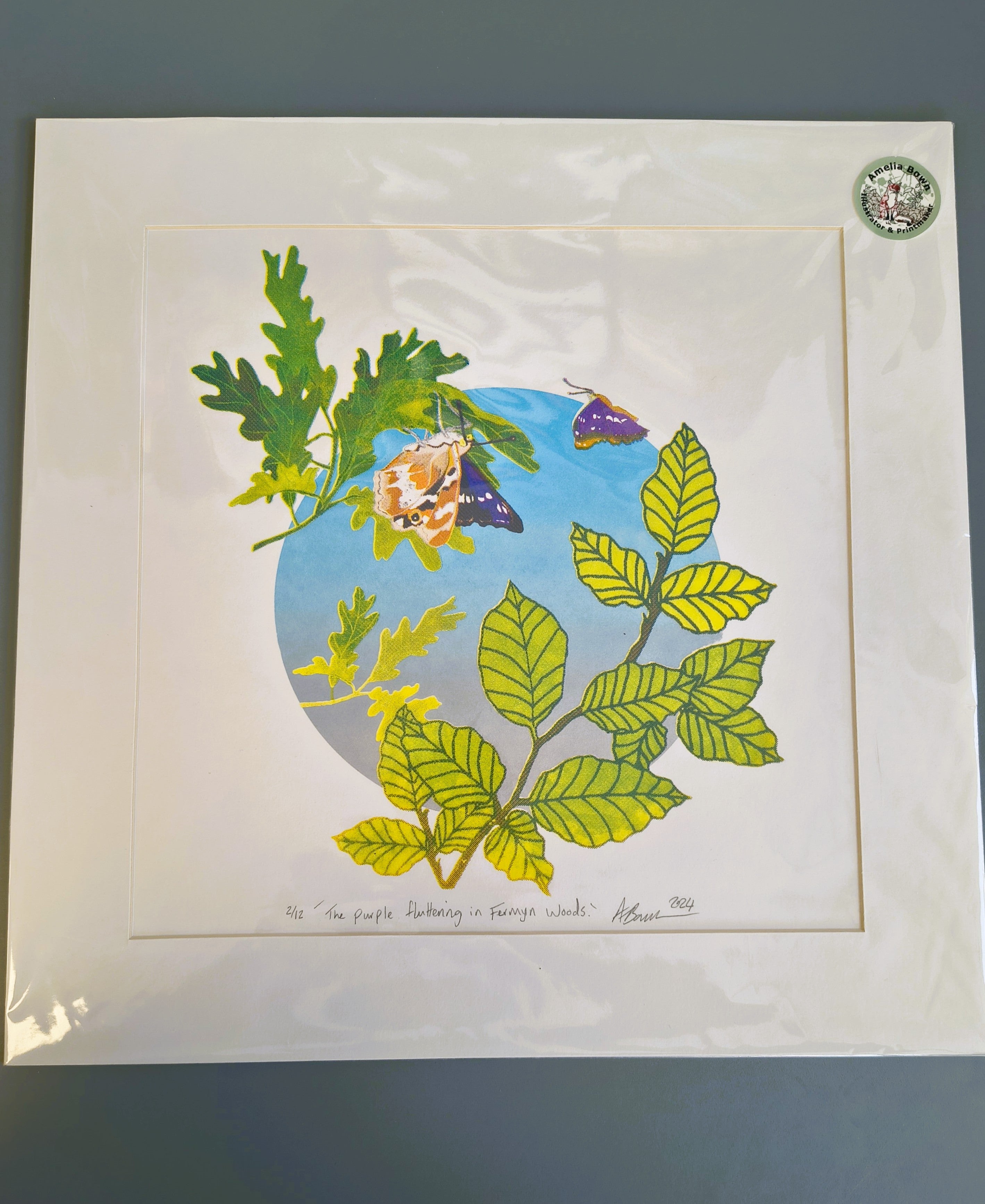 Amelia Bown - Purple Fluttering at Fermyn Woods, Original Ltd Edition Mounted Screen Print - Primrose Gallery and Framing