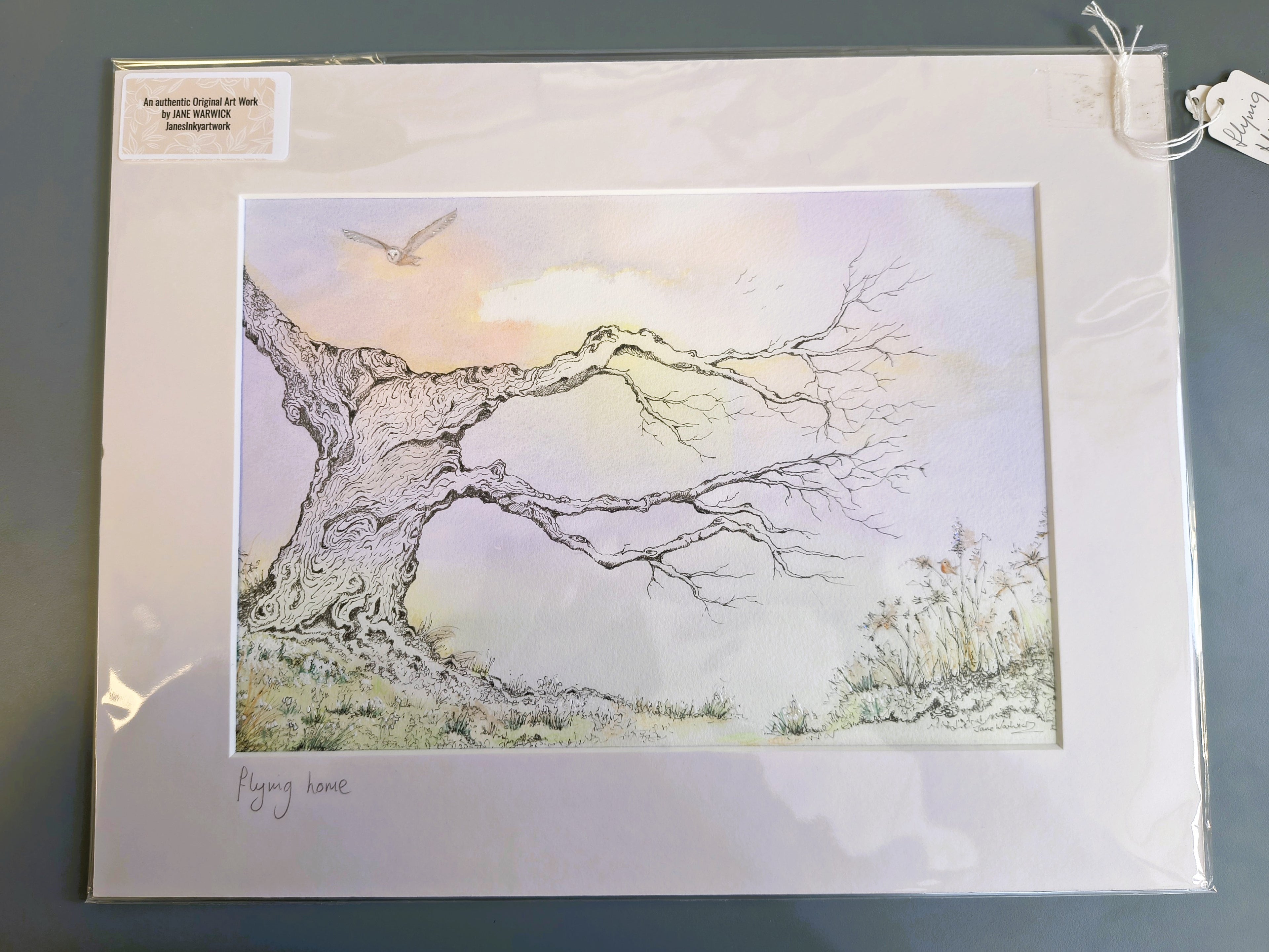 Jane Warwick - Flying Home, Original Mounted pen, Ink and Watercolour - Primrose Gallery and Framing