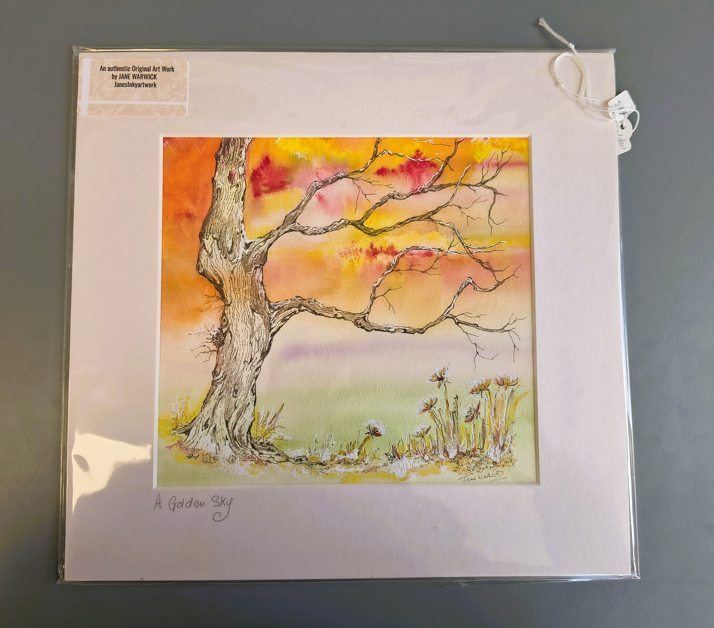 Jane Warwick - A Golden Sky, Original Mounted pen, Ink and Watercolour