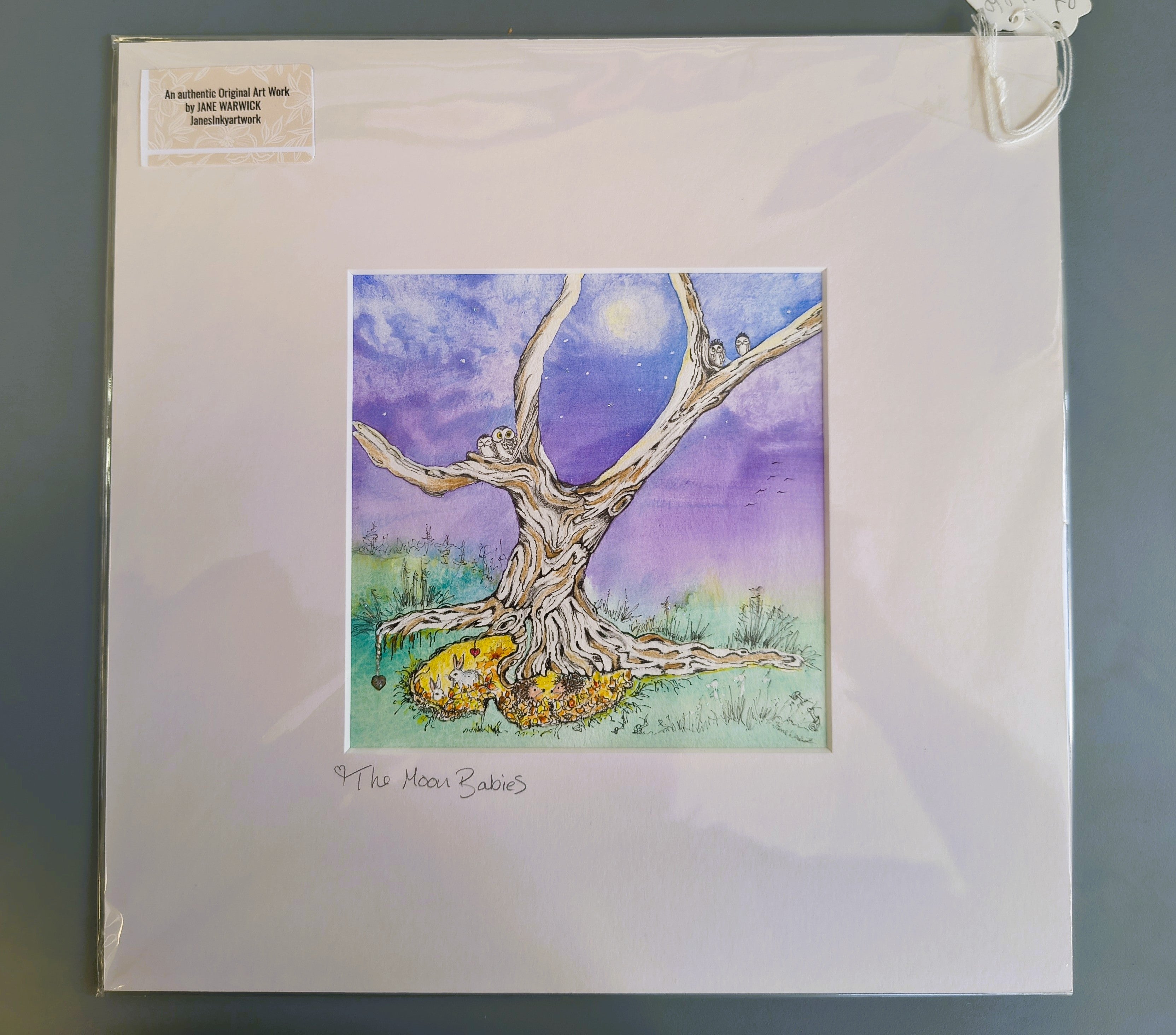 Jane Warwick - Moon Babies, Original Mounted pen, Ink and Watercolour - Primrose Gallery and Framing
