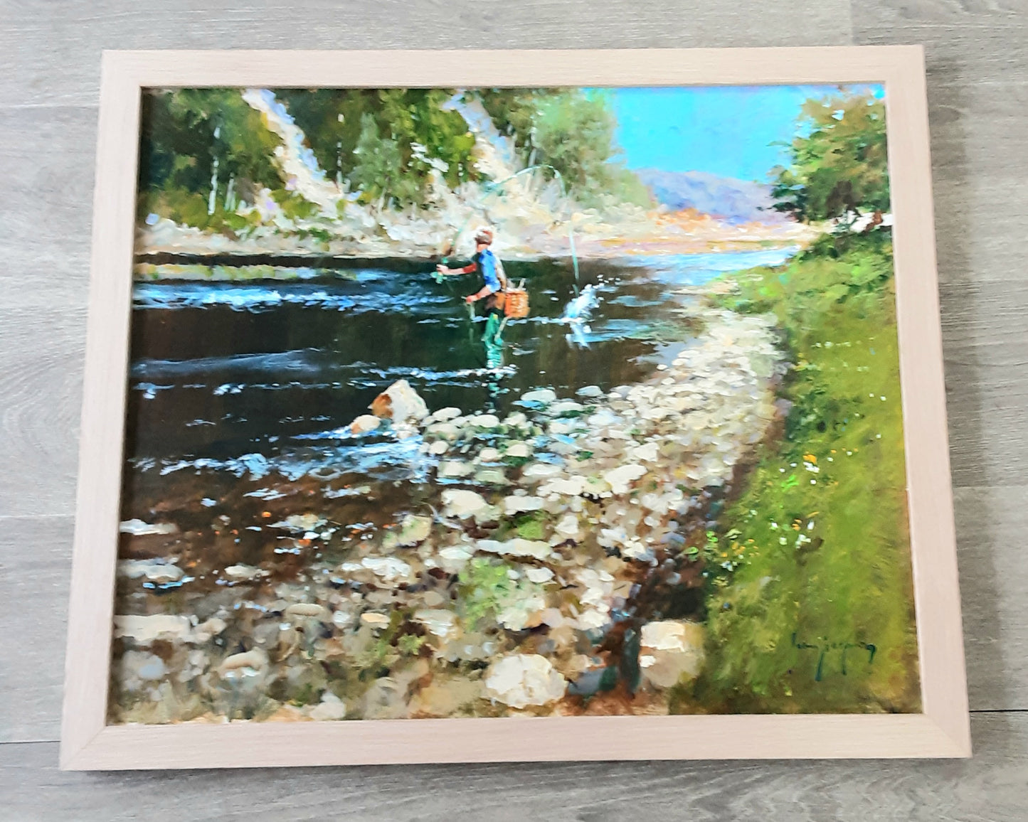 John Haskins art- 'Taking the Fly', Original Oil on Board, Framed