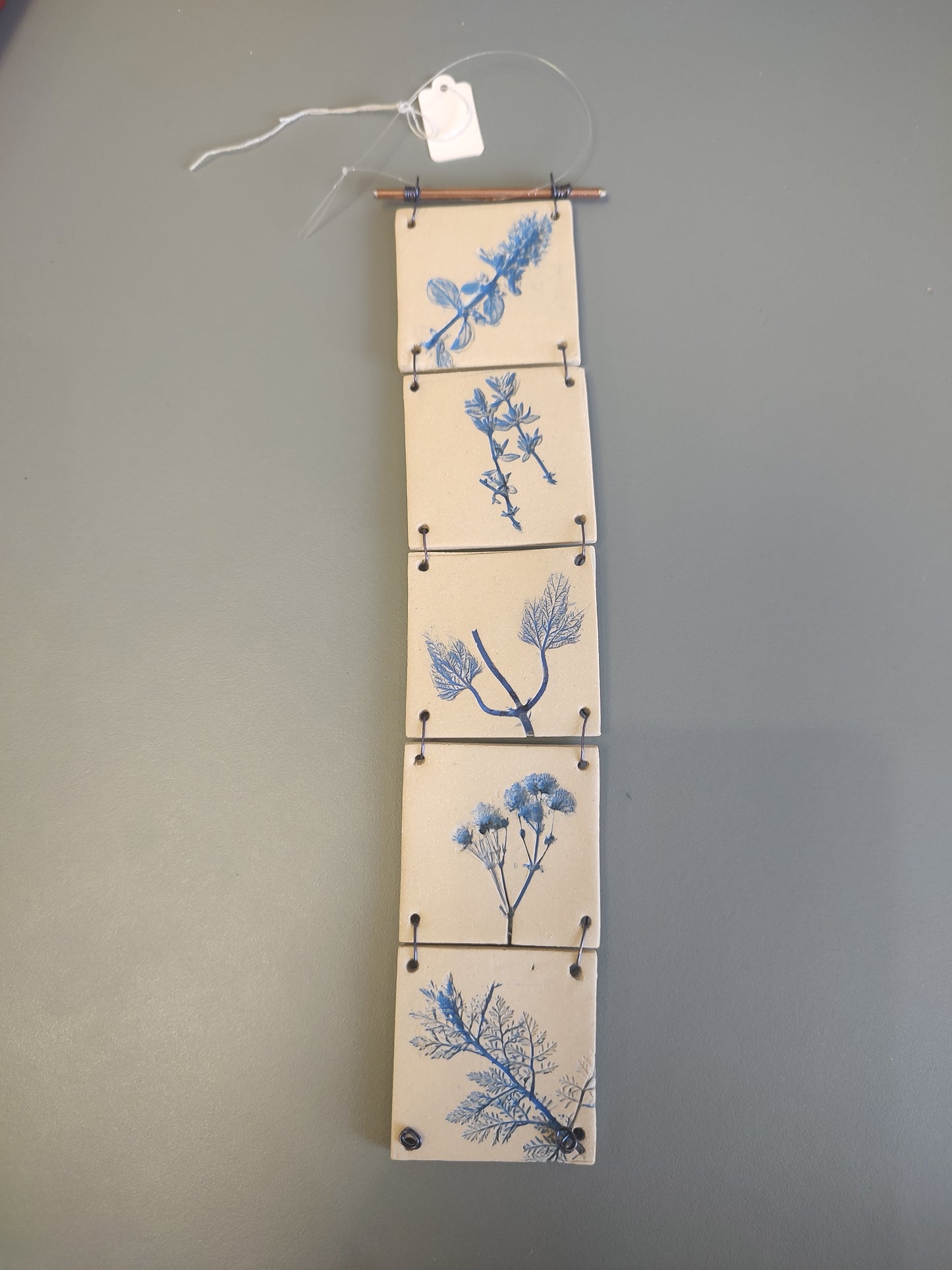 Dawn Isaac- Nature Inspired Impressed Ceramic Hanging Tiles, 5 Tile Blue