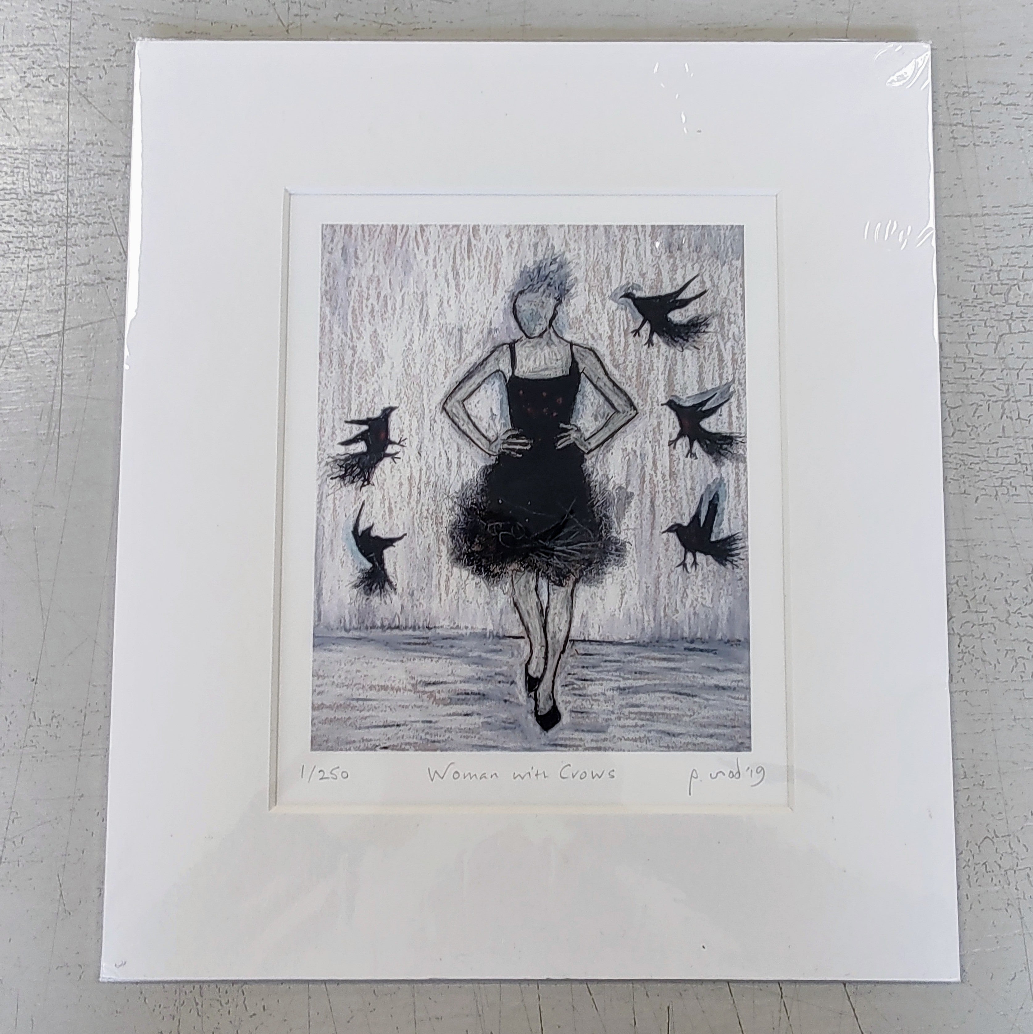 Pauline Wood- Woman with Crows, Mounted Mixed Media Printmaking - Primrose Gallery and Framing