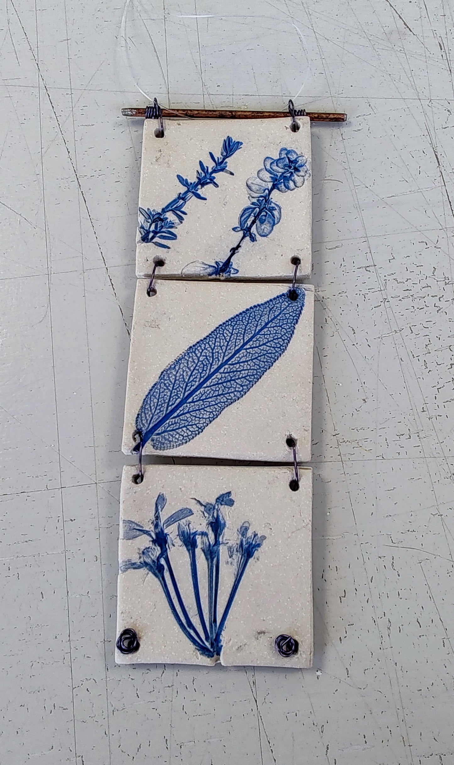 Dawn Isaac- Nature Inspired Impressed Ceramic Hanging Tiles, 3 Tile Blue #1