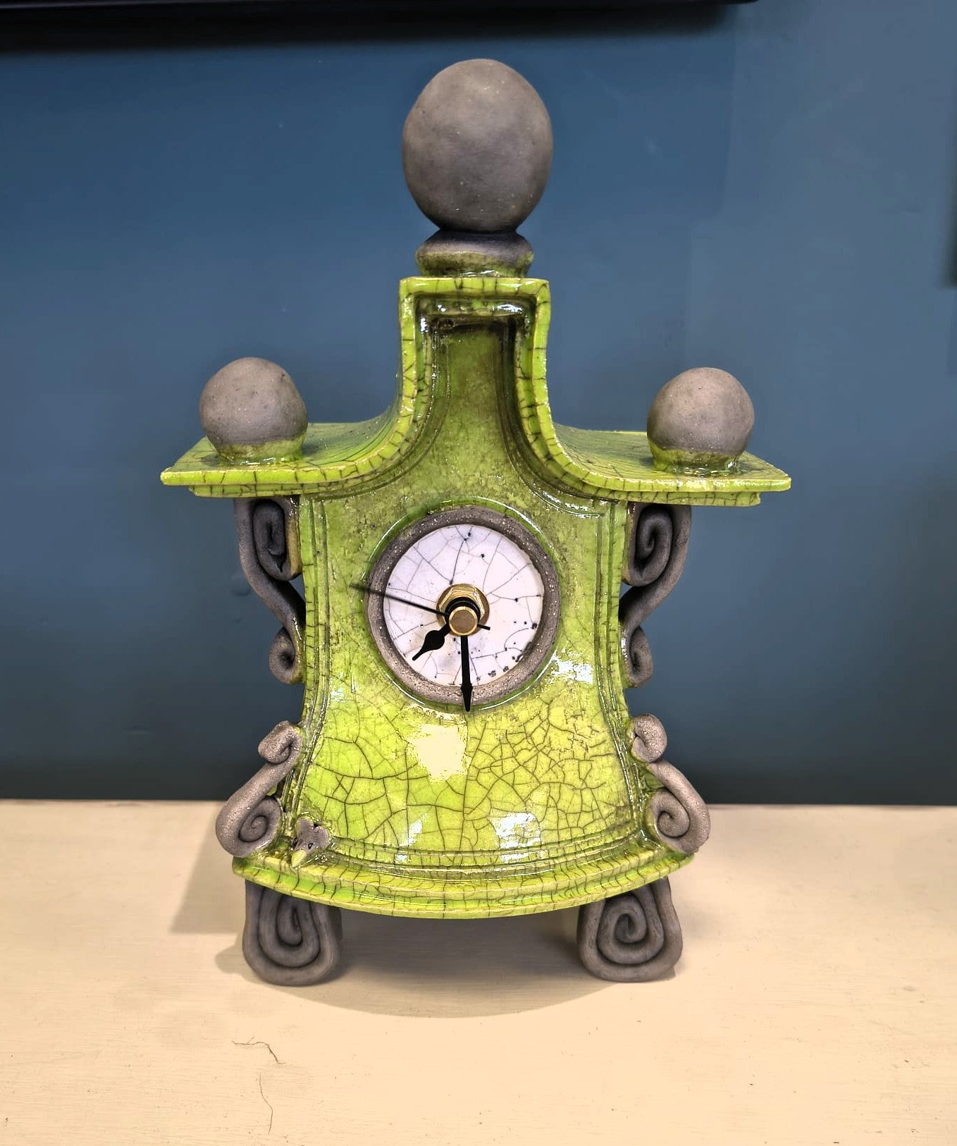 Stonesplitter- Small Lime Green Pagoda top Raku Clock - Primrose Gallery and Framing