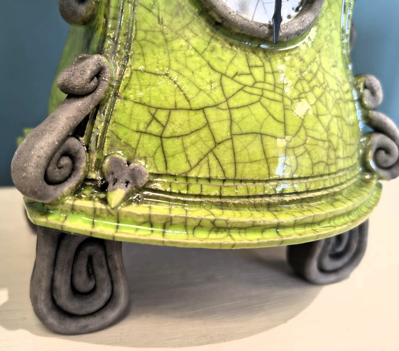 Stonesplitter- Small Lime Green Pagoda top Raku Clock - Primrose Gallery and Framing