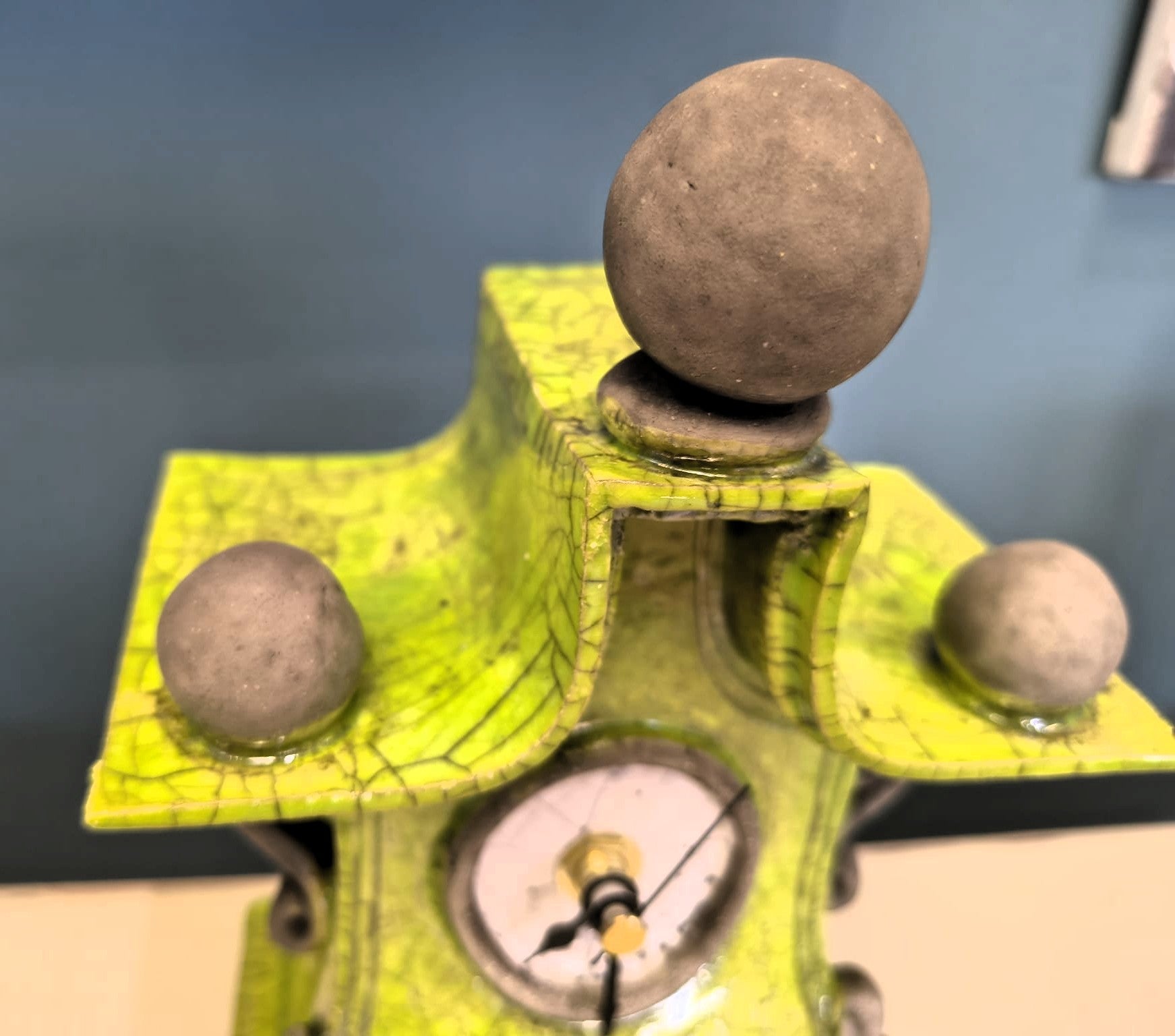 Stonesplitter- Small Lime Green Pagoda top Raku Clock - Primrose Gallery and Framing