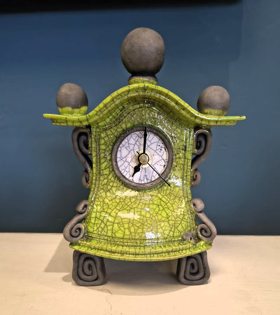 Stonesplitter- Small Lime Green round top Raku Clock - Primrose Gallery and Framing