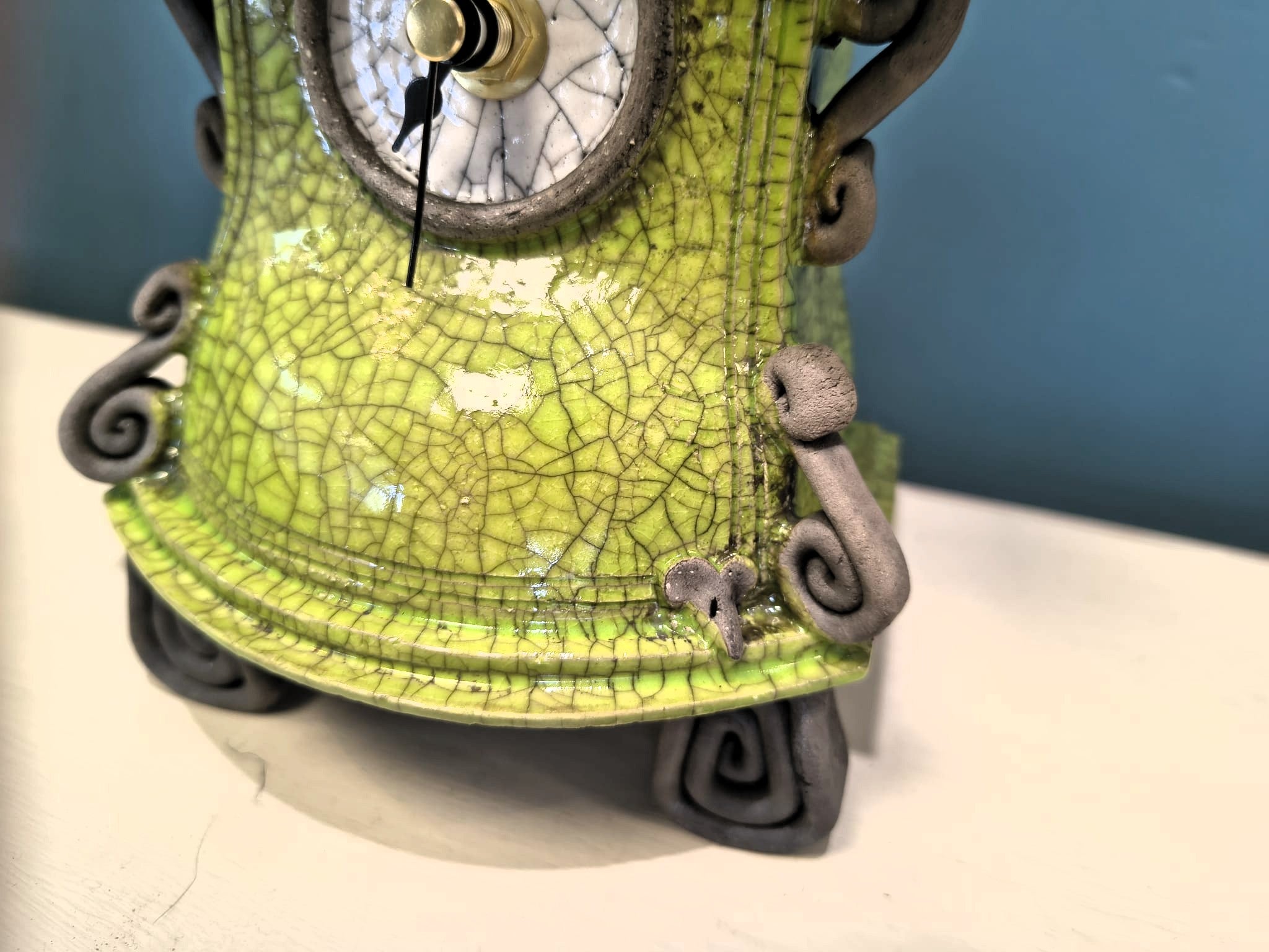 Stonesplitter- Small Lime Green round top Raku Clock - Primrose Gallery and Framing