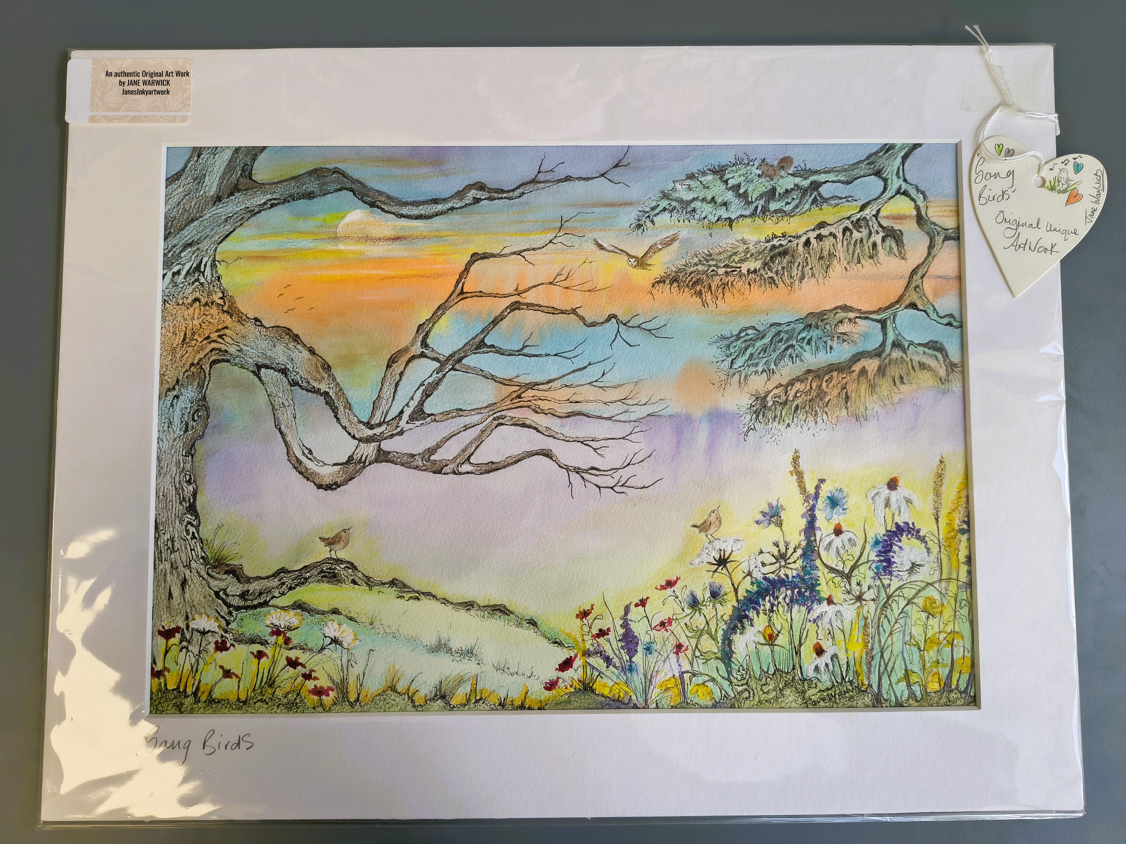 Jane Warwick - Song Birds, Original Mounted pen, Ink and Watercolour - Primrose Gallery and Framing