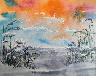 Jane Warwick - Sunset Colours, Original Mounted pen, Ink and Watercolour - Primrose Gallery and Framing