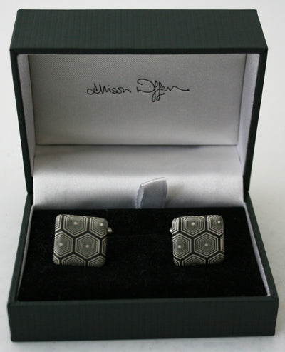Allison Wiffen- Monochrome Concentric Hexagons Ceramic Cufflinks - Primrose Gallery and Framing