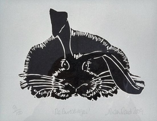 Alison Read - Original Lino Print of a nosey rabbit- 'The Evesdropper'