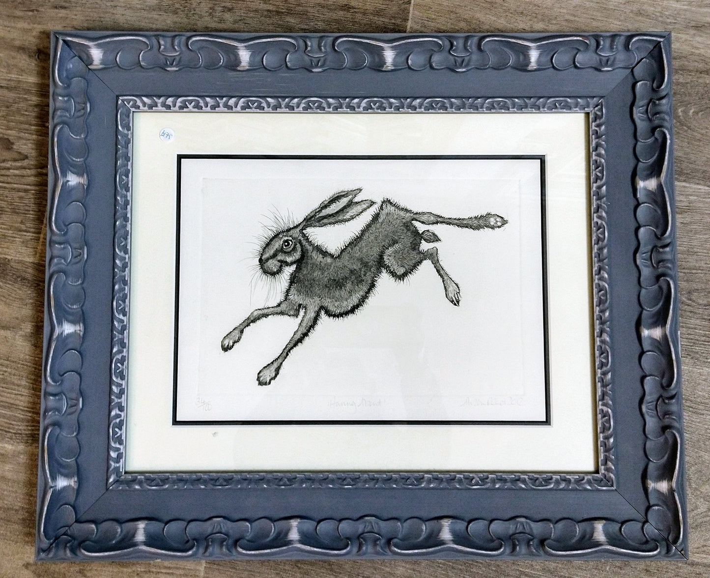 Alison Read -Framed Original etching of a running hare- Haring About