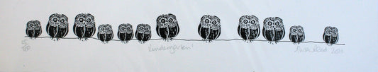 Alison Read - Original Lino Print of a parliament of grey owls- Kindergarten