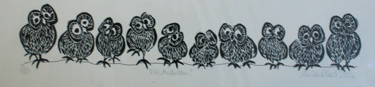 Alison Read -Original Lino print of a parliament of owls- "The Audition"