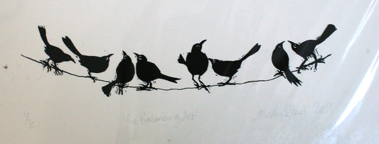 Alison Read - Original Lino print of common blackbirds on a bird line- The Balancing Act