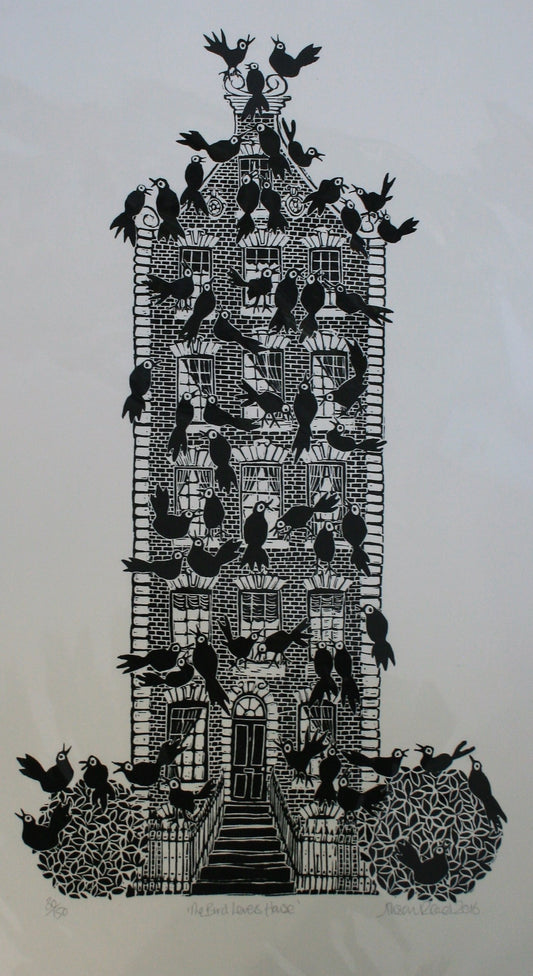 Alison Read - Original Lino print of birds in a bird house- "The Birdlovers House"