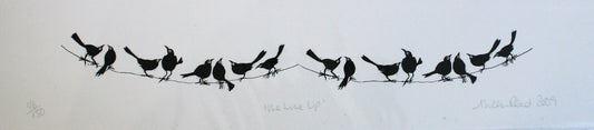 Alison Read - Original Lino print of common blackbirds on a line- Line Up