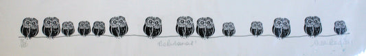 Alison Read - Original Lino print of a line of grey owls- The Parliament