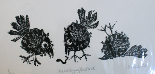 Alison Read -Original Lino print of Crows misbehaving-  The Old Playing Dead Trick