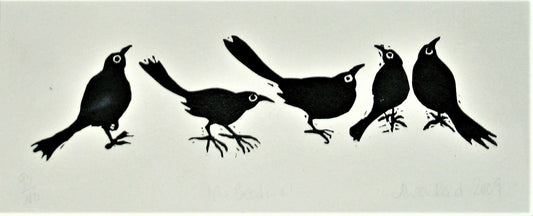 Alison Read - Original Lino print of blackbirds in a line- "The Breadline"