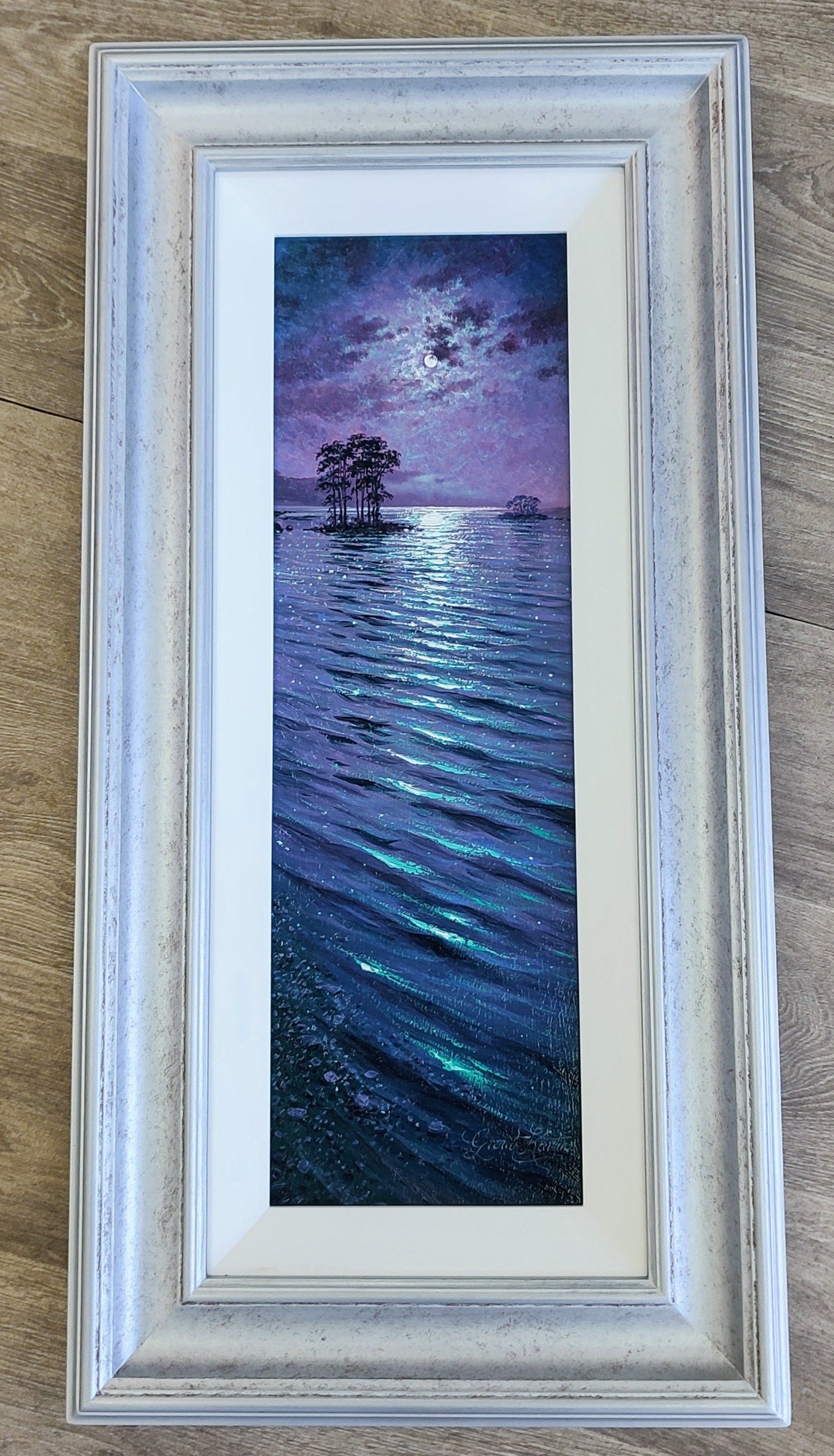 Andrew Grant Kurtis- Moonlight Sparkle, Lakeland, Moonlit Lake Oil on Board
