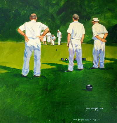 John Haskins art- 'Last Bowl' Framed Original of Lawn Bowls Match - Primrose Gallery and Framing