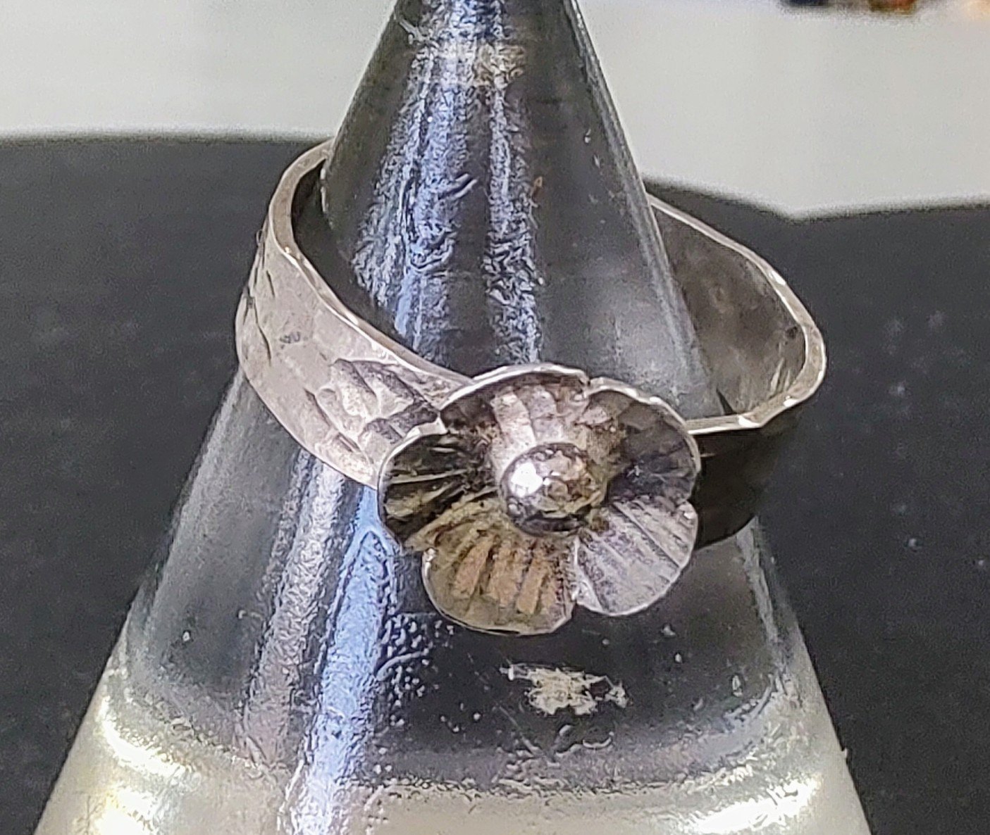 Zoe Ruth- Silver Wide Hammered Flower Ring