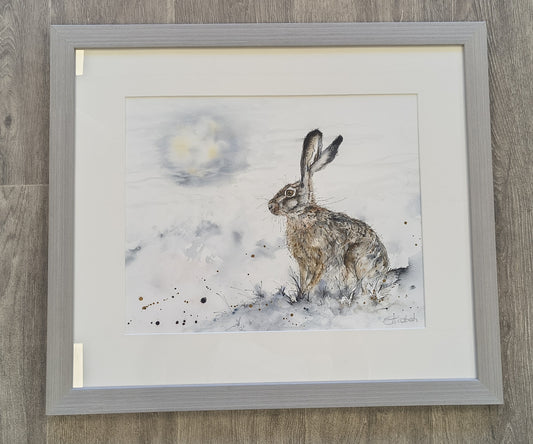 Anne Gilbert - Hare and Moon. Framed Original Watercolour of Hare