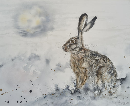 Anne Gilbert - Hare and Moon. Framed Original Watercolour of Hare