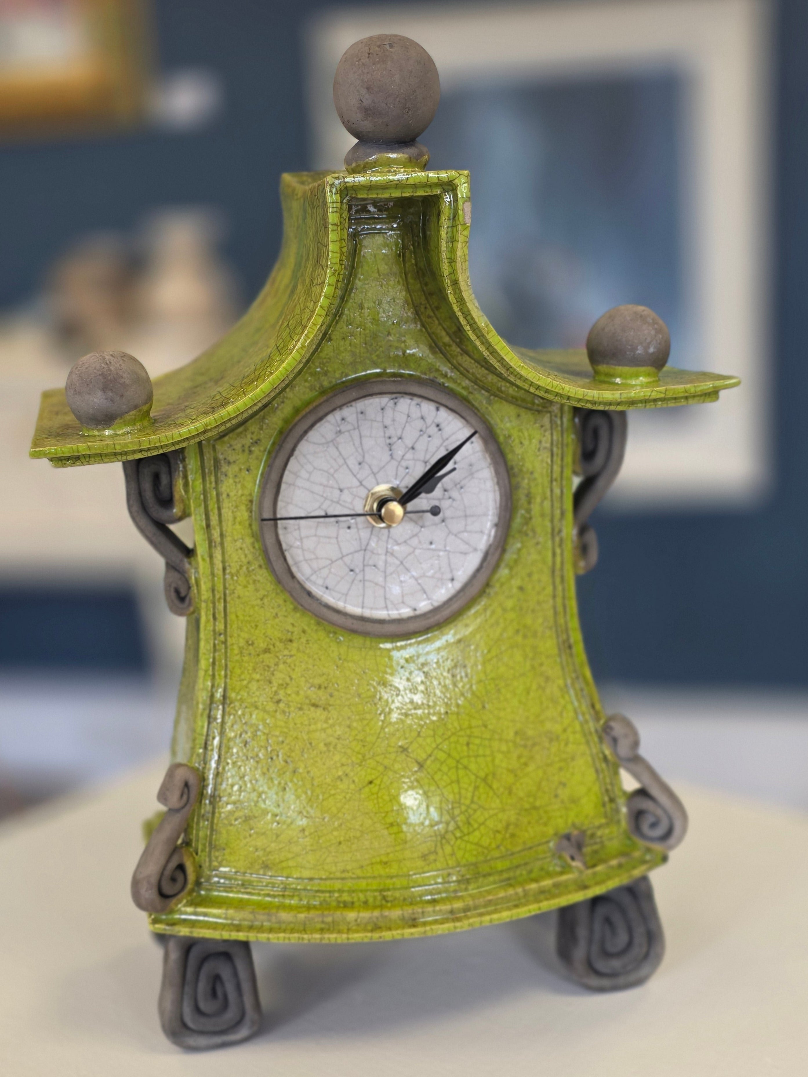 Stonesplitter - Medium Lime Green Raku Clock - Primrose Gallery and Framing 