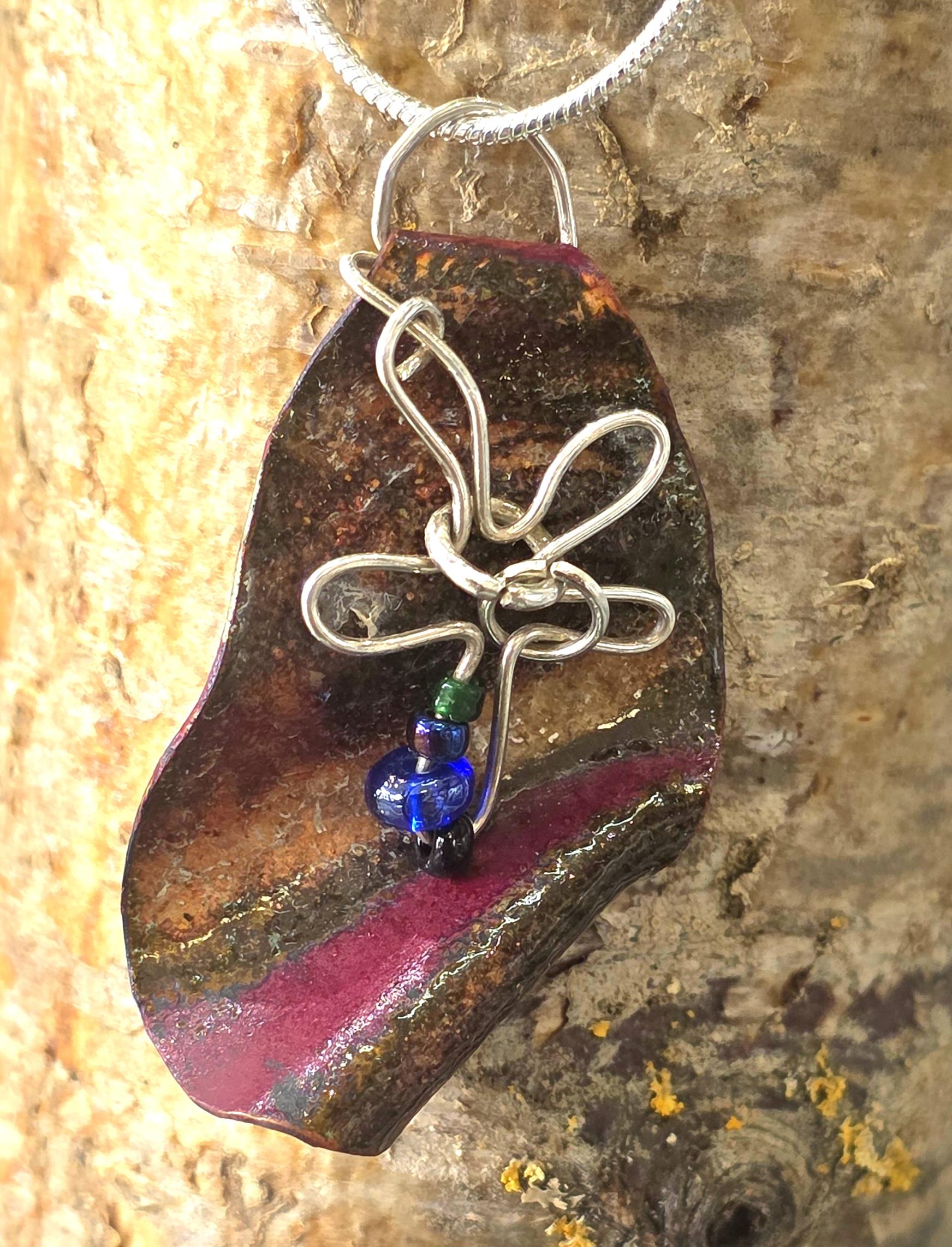 Ruby Hunt - Enamel pendant with sterling silver wire and bead details, Pinks - Primrose Gallery and Framing 