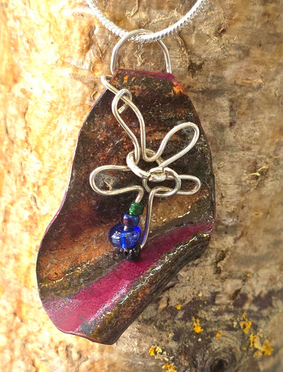 Ruby Hunt - Enamel pendant with sterling silver wire and bead details, Pinks - Primrose Gallery and Framing 