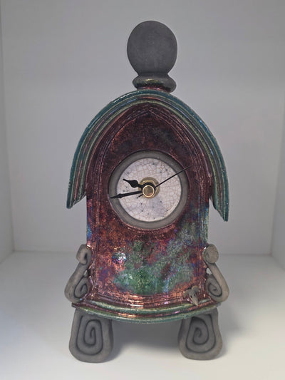 Stonesplitter - Small Dark Green and Copper Raku Clock rounded
