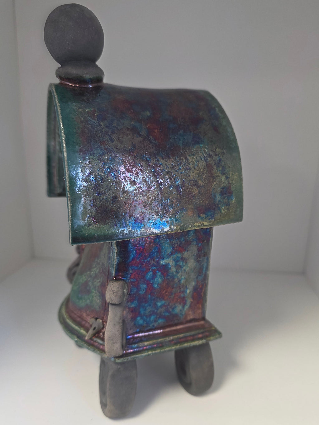 Stonesplitter - Small Dark Green and Copper Raku Clock rounded