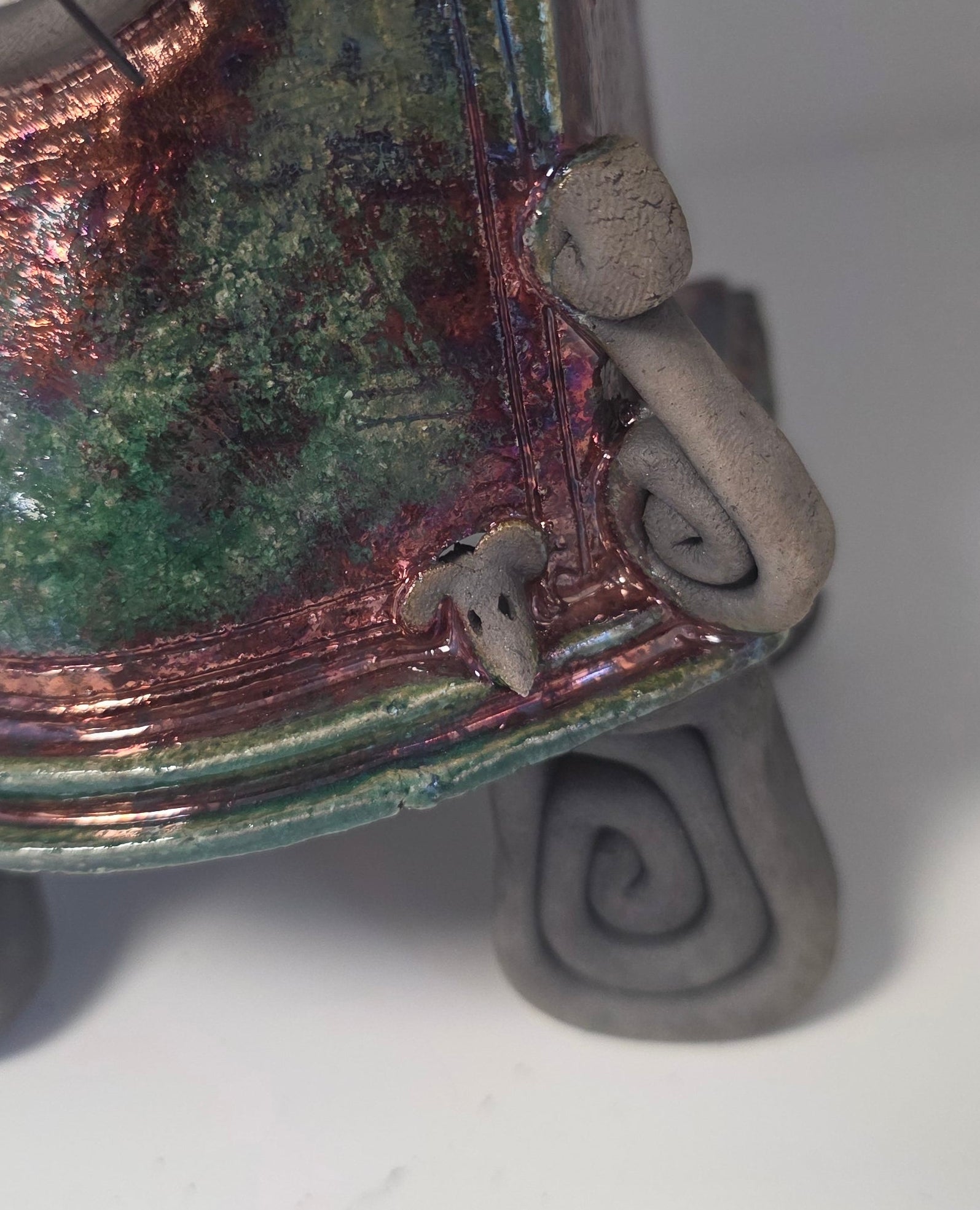 Stonesplitter - Small Dark Green and Copper Raku Clock rounded